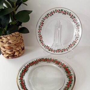 Vintage Arcoroc Christmas Dessert Plates – Set of 4, Holly & Ribbon Gold Rim